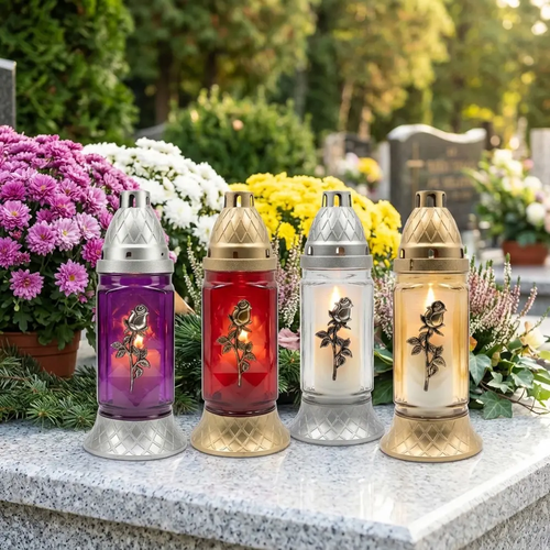 Zdjęcie produktu Znicz Szklany na Cmentarz z Różą z Wkładem Tradycyjnym KMSA 24cm mix kolor 1 szt. 7