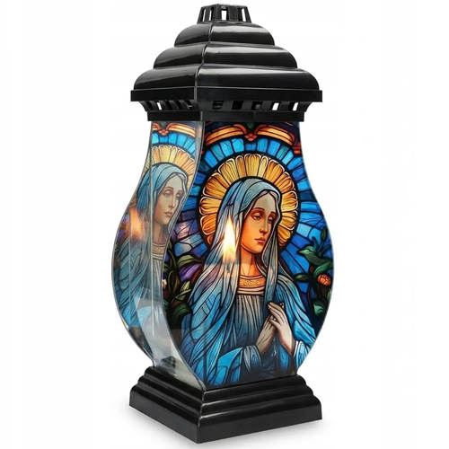 Znicz Szklany na Cmentarz z Maryją Matką Boską na Wkład Led Lub Tradycyjny 40 cm
