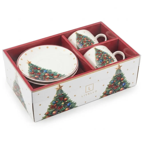 Filiżanki Świąteczne do Kawy i Herbaty Porcelanowe 2 komplety ze spodkami Choinka CR2-S7 250ml