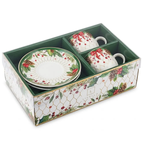 Filiżanki Świąteczne do Kawy i Herbaty Porcelanowe 2 komplety ze spodkami Stroik CR2-S5 250ml