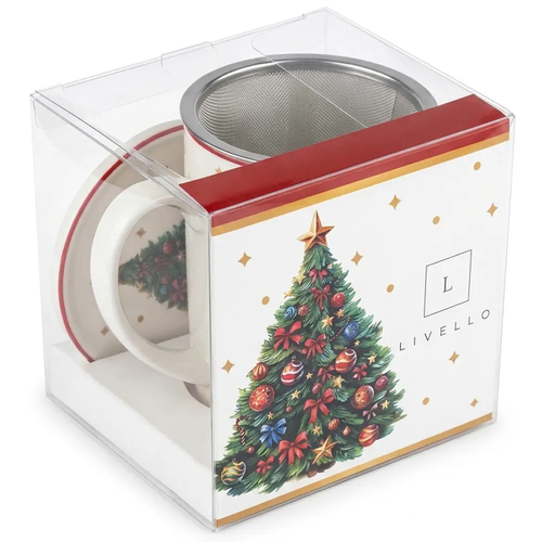Kubek Świąteczny z Zaparzaczem Porcelanowy z Uchem na Święta Choinka CR3-S7 350ml