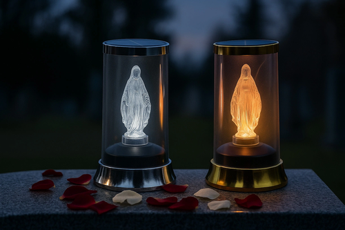 Zdjęcie produktu Znicz solarny LED na cmentarz Maryja złoty połysk 16,5cm 2
