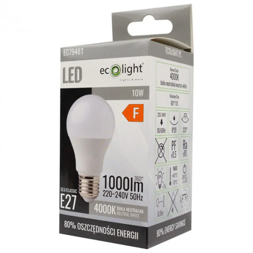 Zdjęcie produktu Żarówka Świetlówka LED Ecolight Classic Eco 10kWh F 1000lm 220-240V 50hz 4000K Biała Neutralna  2