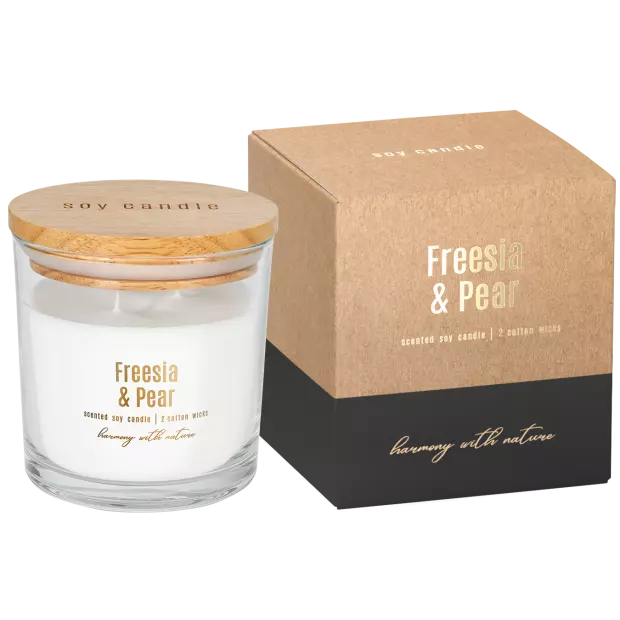 Zdjęcie produktu Duża świeca sojowa w szkle SN173-326 – Aromat Frezji i Gruszki