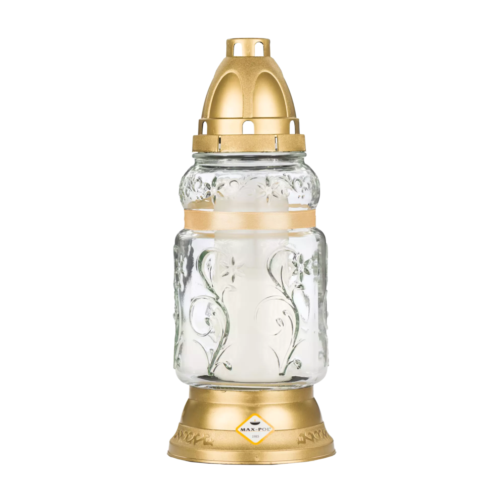 Zdjęcie produktu Klasyczny znicz szklany nagrobny złoty lampion model MAX 1092 AP 26 cm