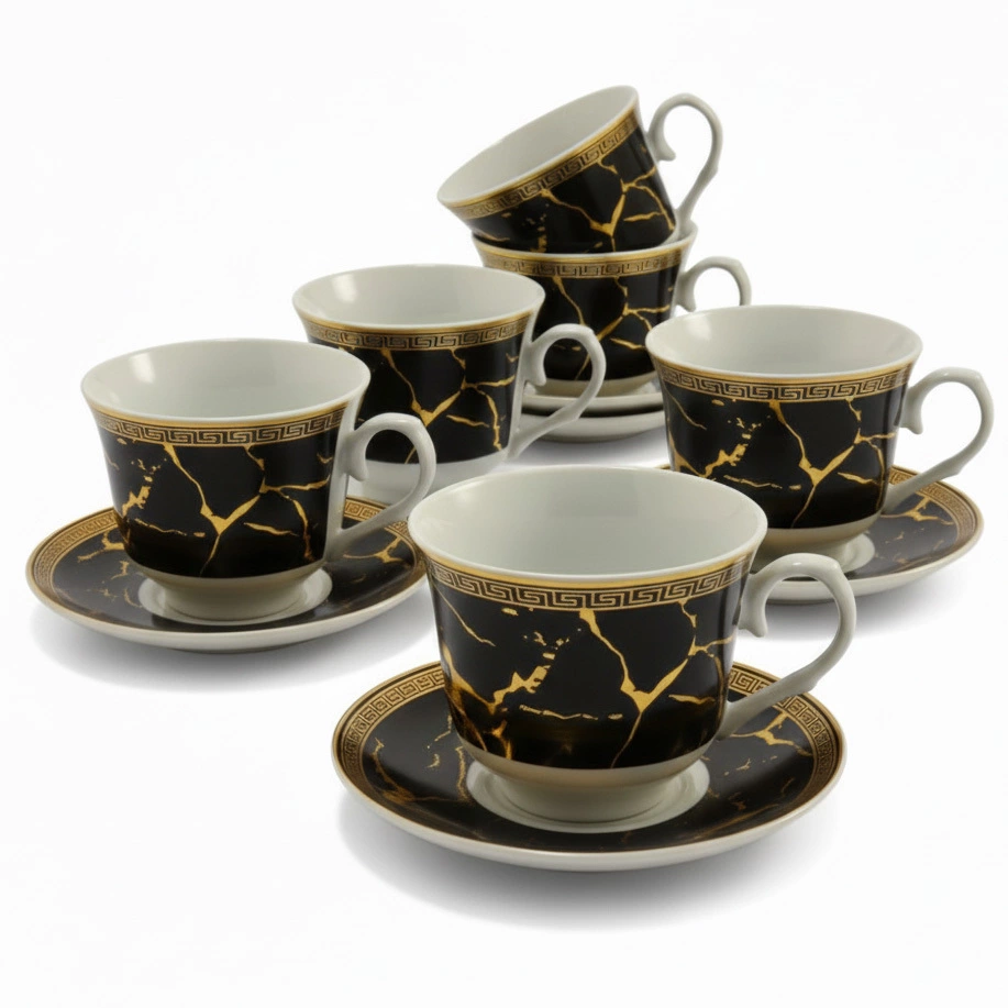 Zdjęcie produktu Komplet 6 Filiżanek 250ml Porcelana ZE SPODKAMI Zestaw Kawa Herbata Prezent