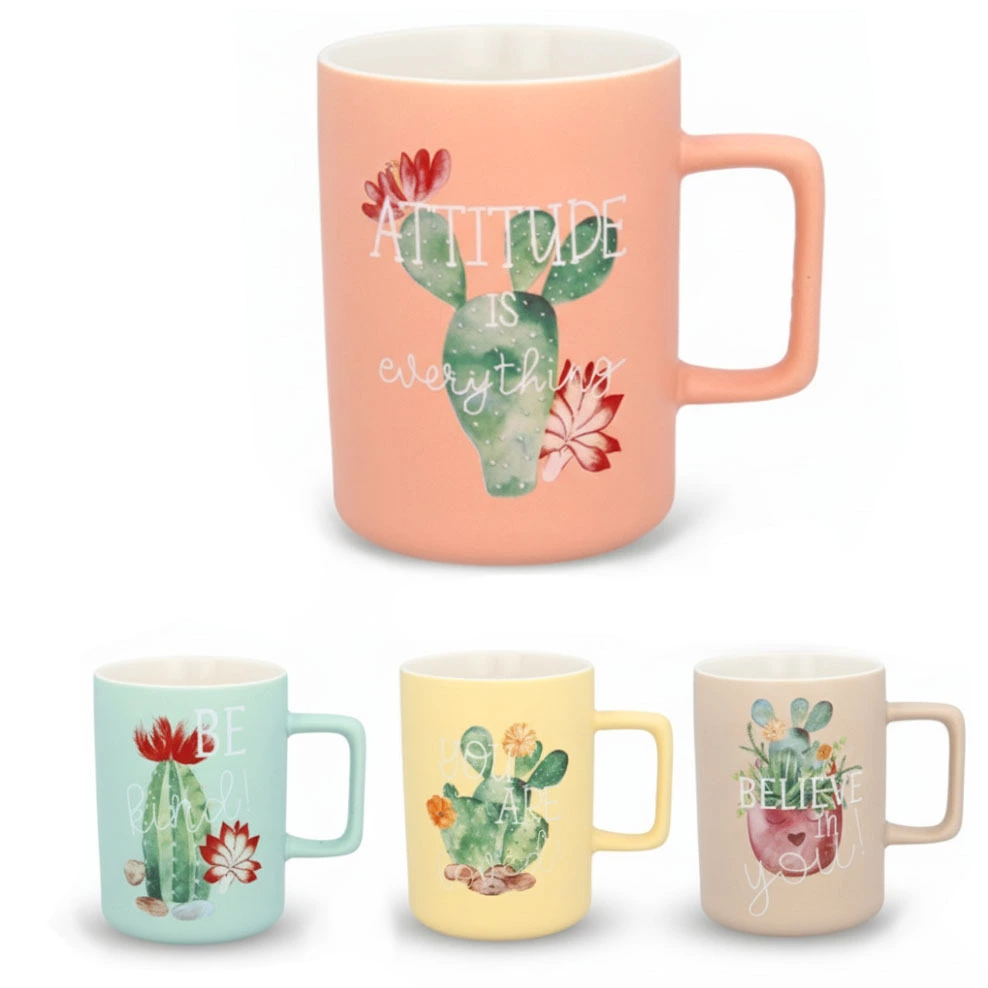 Zdjęcie produktu Kubek porcelanowy 400 ml z motywem kaktusów różne kolory, do zmywarki