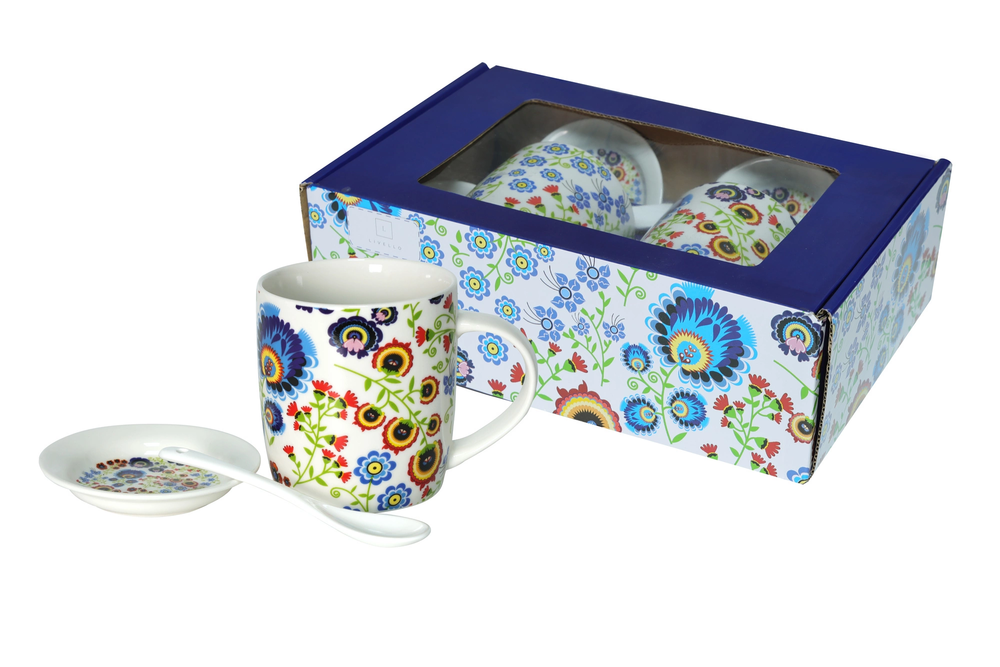 Zdjęcie produktu LIVELLO 2 x Kubek Porcelanowy 340 ml Spodkami i Łyżeczkami FOLK ŁOWICKI