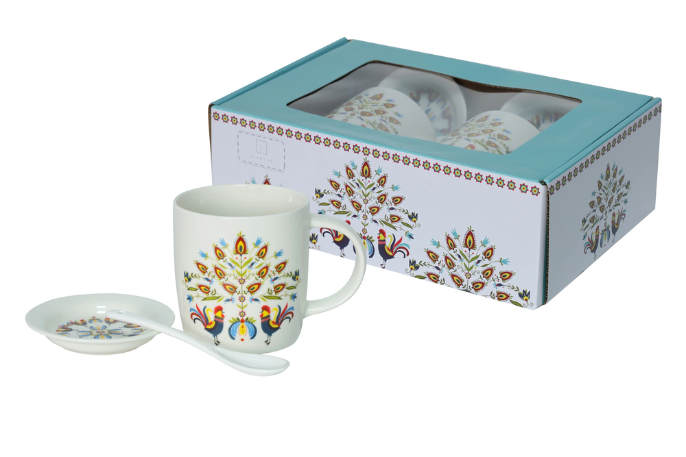 Zdjęcie produktu LIVELLO 2 x Kubek Porcelanowy 340 ml Spodkami i Łyżeczkami FOLK ŁOWICKI