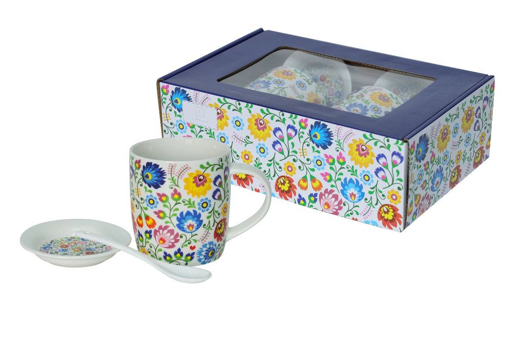Zdjęcie produktu LIVELLO 2 x Kubek Porcelanowy 340 ml Spodkami i Łyżeczkami FOLK ŁOWICKI