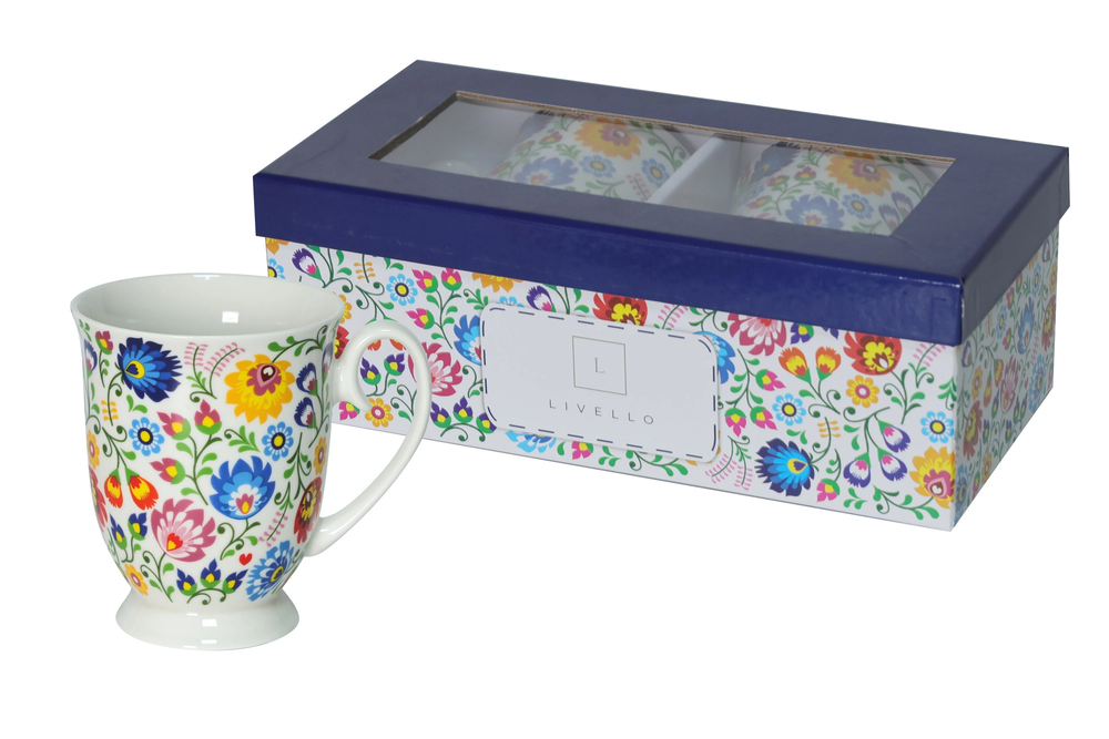 Zdjęcie produktu LIVELLO 2 x Kubek Porcelanowy Do Kawy Herbaty 350 ml Zestaw FOLK ŁOWICKI