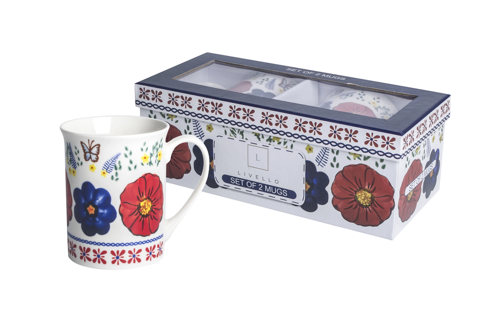 Zdjęcie produktu LIVELLO 2 x Kubek Porcelanowy Do Kawy Herbaty 350 ml Zestaw FOLK ŁOWICKI