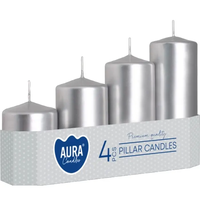 Zdjęcie produktu Świece walce stopniowane Srebrne 50 mm średnica zestaw 4 szt. SW50-4-271