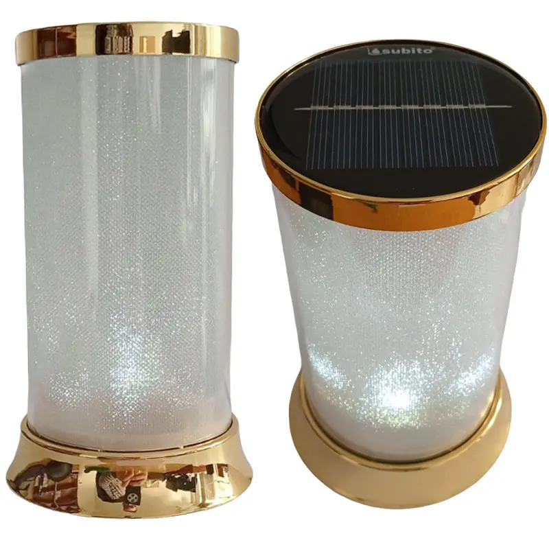 Zdjęcie produktu Znicz solarny LED  SL2 SL1 Lampion na cmentarz white złoty BZ 16 cm Hybrydowy Czujnik zmierzchu Baterie