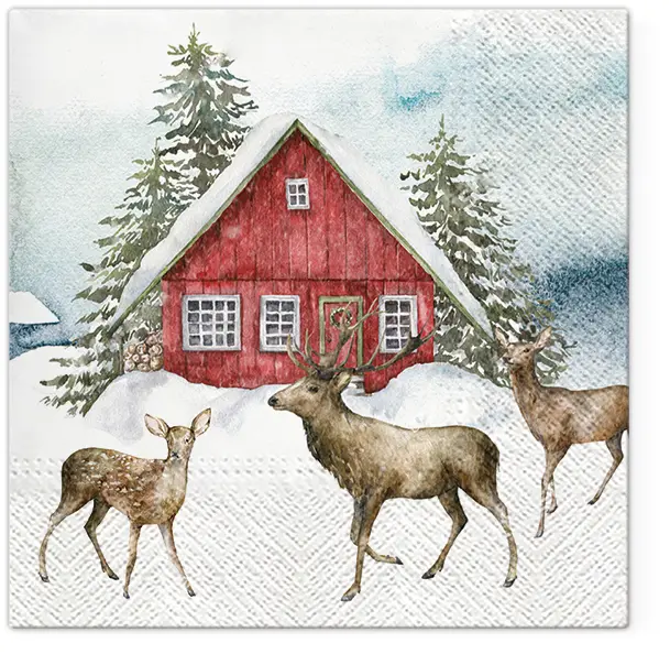 Zdjęcie produktu Serwetki Papierowe Świąteczne na Stół i Decoupage 33x33 cm Lunch TaT Red Dom w górach Renifery Śnieg Zima 20szt.