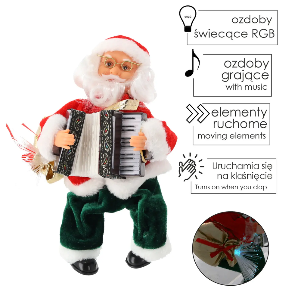 Zdjęcie produktu Mikołaj z Akordeonem Grający LED 25,5 cm Ruchoma Figurka Ozdoba Sat6512