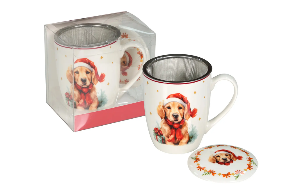 Zdjęcie produktu Kubek Porcelanowy Świąteczny z Zaparzaczem i pokrywką na Zioła Herbatę 350ml CR3-S1