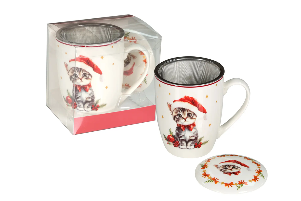 Zdjęcie produktu Kubek Porcelanowy Świąteczny z Zaparzaczem i pokrywką na Zioła Herbatę 350ml CR3-S2