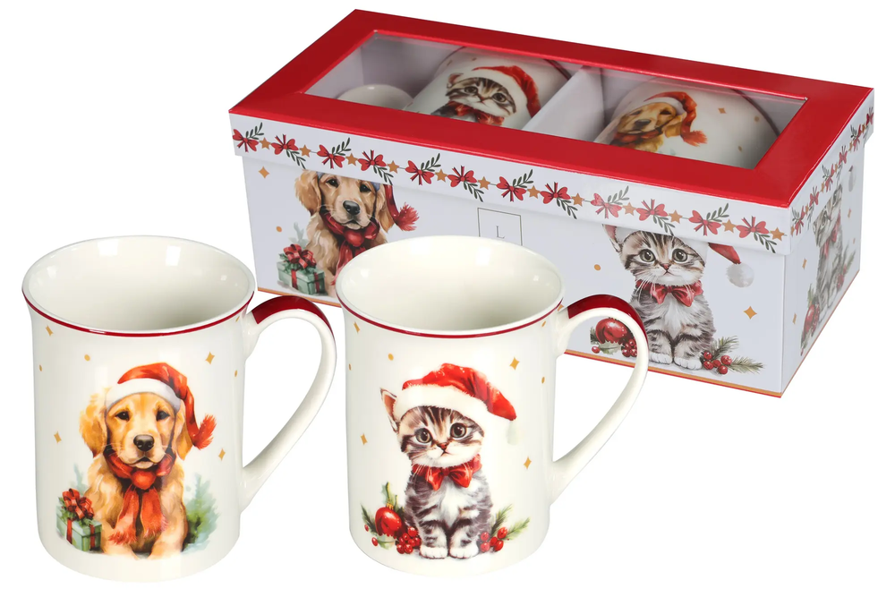 Zdjęcie produktu Zestaw Świątecznych Kubków Porcelanowych PIES KOT Kawa Herbata Prezent LIVELLO 350ml CR9-S12