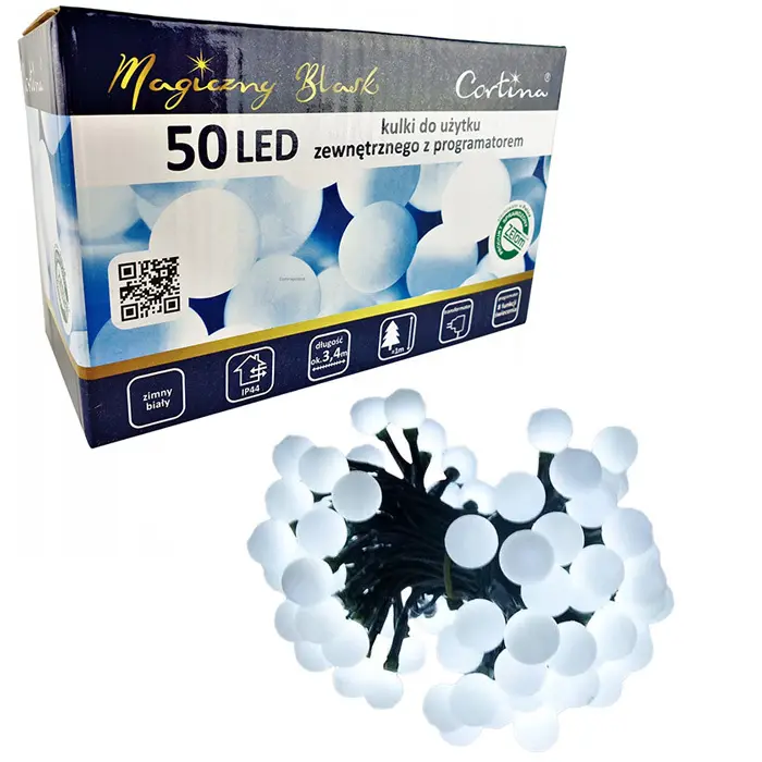 Zdjęcie produktu Lampki Świąteczne Choinkowe i Dekoracyjne 50 LED Zimny Biały Programator IP44 ATEST ZETOM 4,9m