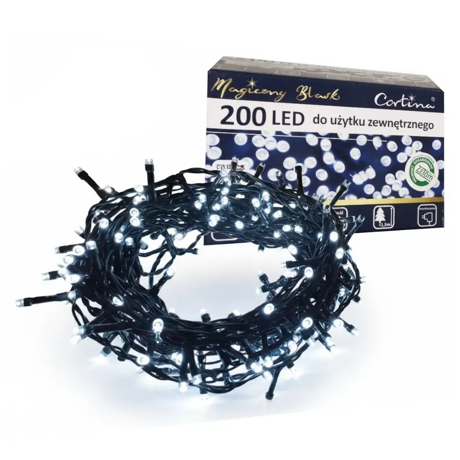 Zdjęcie produktu Lampki Świąteczne Choinkowe i Dekoracyjne 200 LED Zimny Biały Stałe ZEWN ATEST ZETOM 10m + GNIAZDO