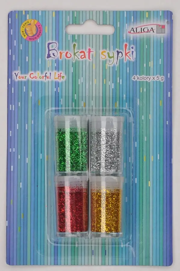 Zdjęcie produktu Brokat Sypki Zestaw 4x5g MIX KOLOR Złoty Srebrny Czerwony Zielony