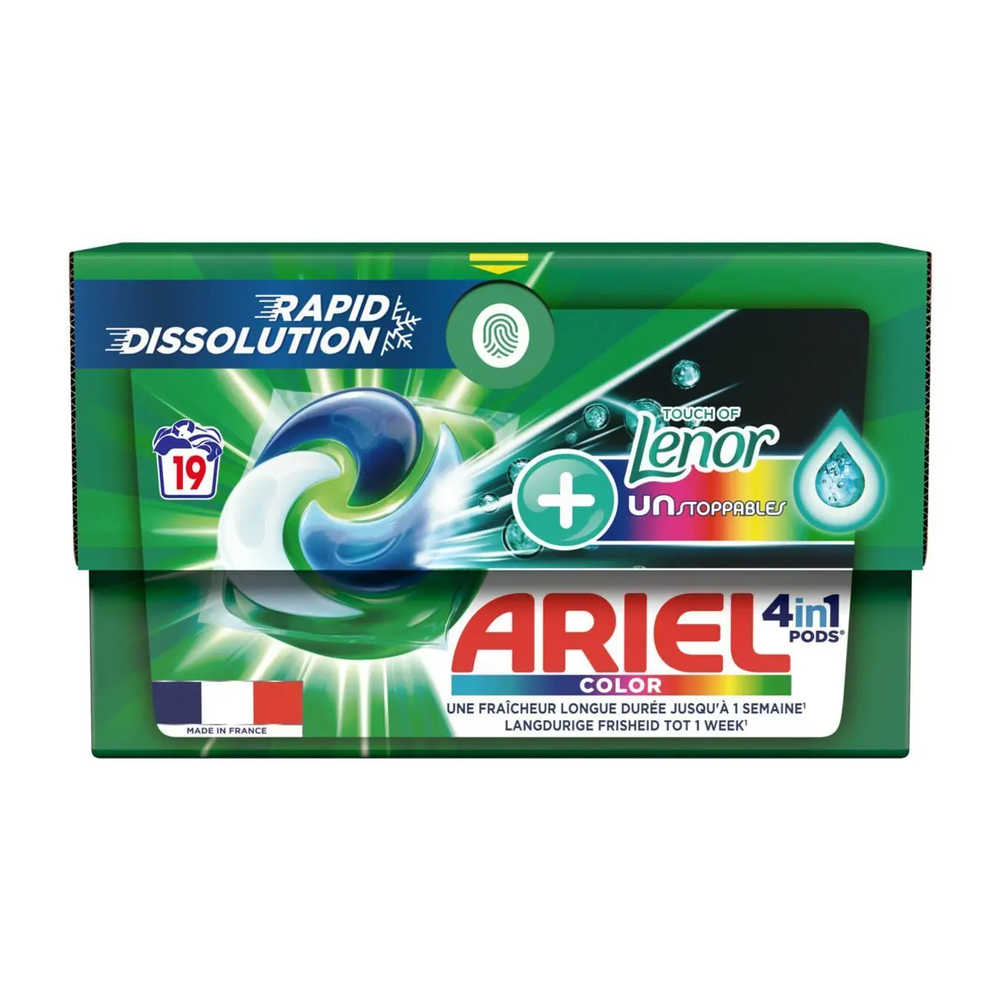 Zdjęcie produktu Kapsułki Do Prania ARIEL 4w1 KOLOR + LENOR 19 szt. Skuteczny Odplamiacz