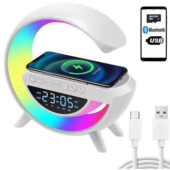 Zdjęcie produktu Lampka RGB Ładowarka Indukcyjna 15W Głośnik Bluetooth Budzik 24,5cm