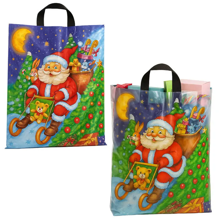 Zdjęcie produktu Reklamówki Świąteczne Mikołaj Na Saniach 40x45cm Ucho 10szt.