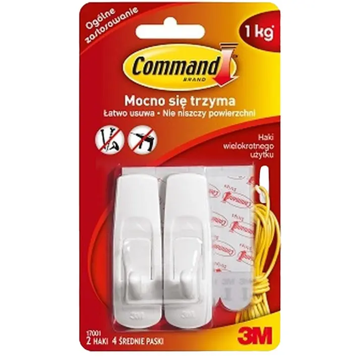 Zdjęcie produktu Haczyki Samoprzylepne COMMAND 3M Średnie M Bezinwazyjny Montaż 1,3 Kg