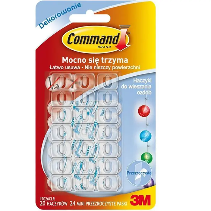 Zdjęcie produktu Haczyki Samoprzylepne COMMAND 3M Przezroczyste Bezinwazyjny Montaż 20 szt.