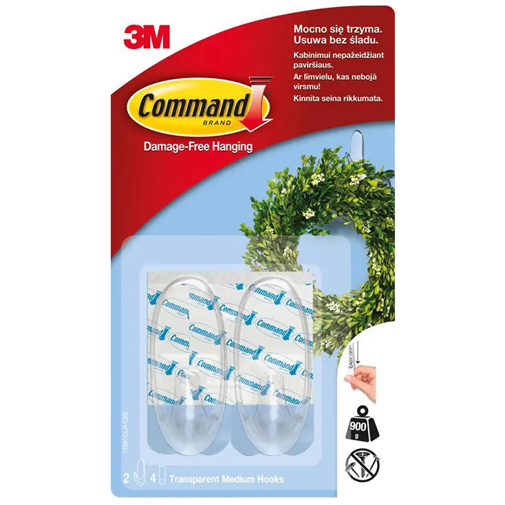 Zdjęcie produktu Haczyki Samoprzylepne COMMAND 3M Transparentne Wielokrotny Użytek 2 szt.