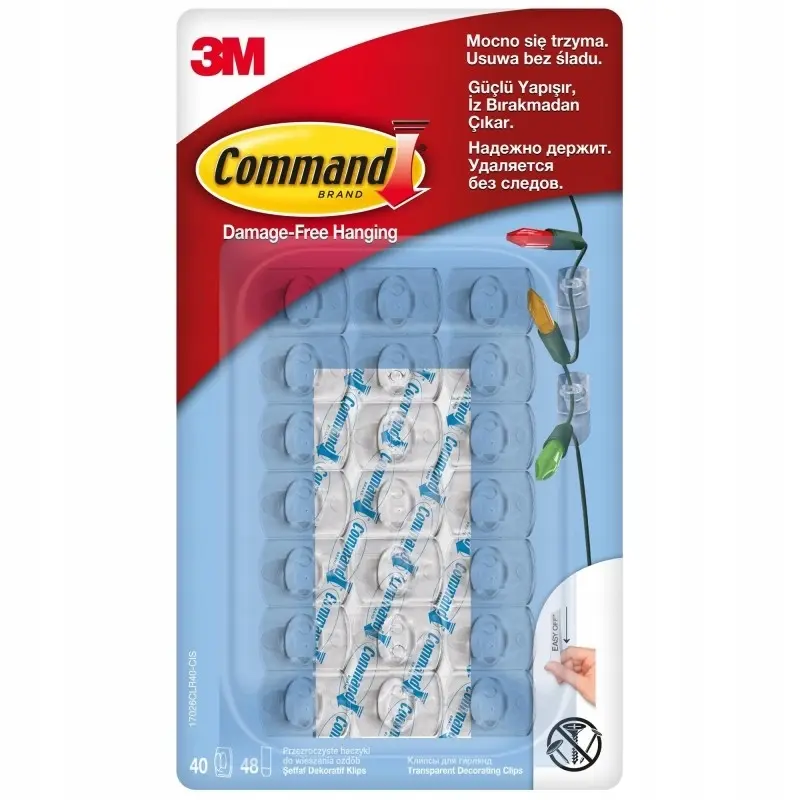 Zdjęcie produktu Haczyki samoprzylepne do dekoracji Command 3M przeźroczyste lampki 40 szt.