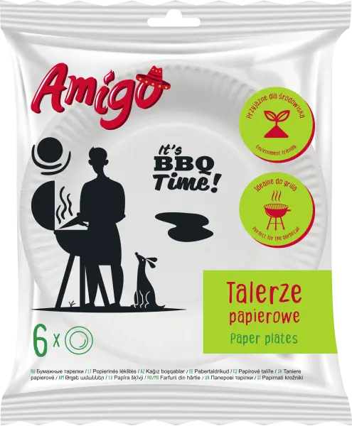 Zdjęcie produktu Talerze papierowe Amigo jednorazowe grill party eko duże 23cm 6szt.