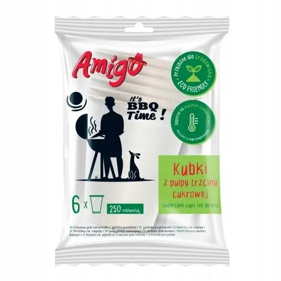 Zdjęcie produktu Kubki z pulpy trzciny cukrowej Amigo jednorazowe eko 250ml 6szt.