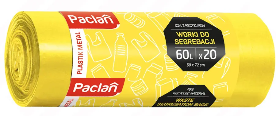 Zdjęcie produktu Worki do segregacji plastiku metalu Paclan żółte mocne LDPE 60l x20 szt.