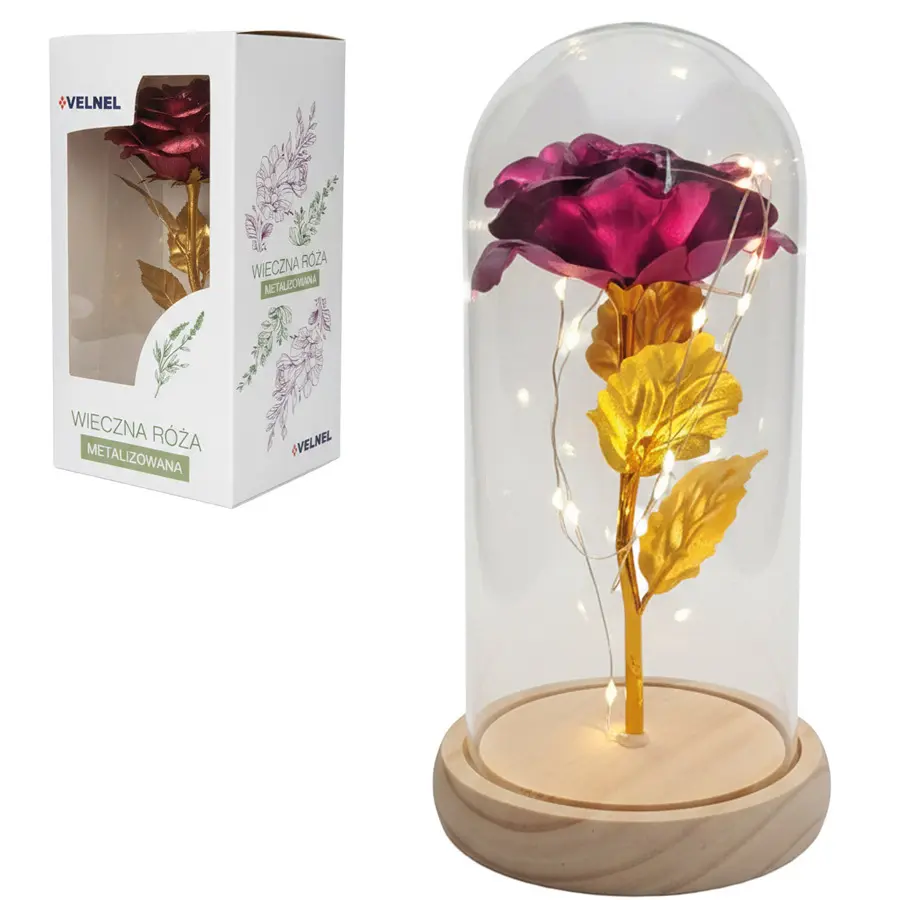 Zdjęcie produktu Wieczna róża LED metalizowana Różowa Velnel w kloszu drewniana podstawa 11x21cm Prezent na Walentynki