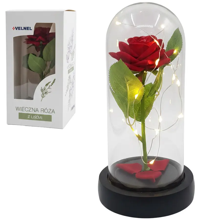 Zdjęcie produktu Wieczna róża LED z liśćmi czerwona w kopule nastrojowy prezent 11x21cm na Walentynki