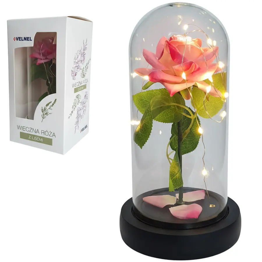 Zdjęcie produktu Wieczna róża LED z liśćmi różowa w kopule nastrojowy prezent 11x21cm na Dzień Babci