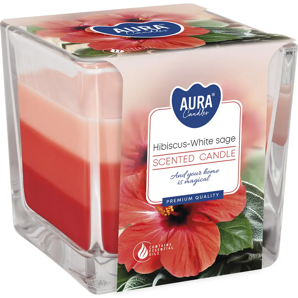 Zdjęcie produktu Świeca zapachowa w kwadratowym szkle Hibiskus Biała Szałwia 2 knoty snk80-356