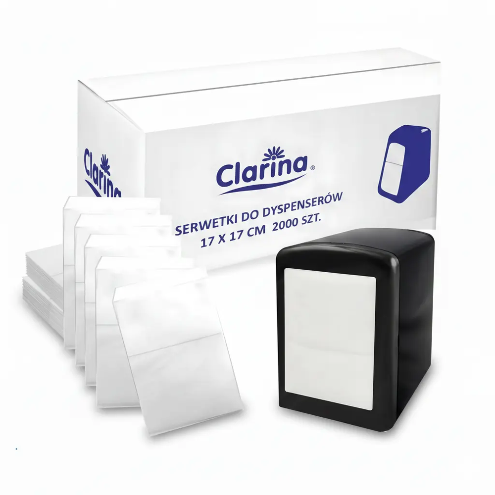 Zdjęcie produktu Serwetki papierowe do dyspensera Clarina składane 17x17cm białe gastronomiczne 2000szt