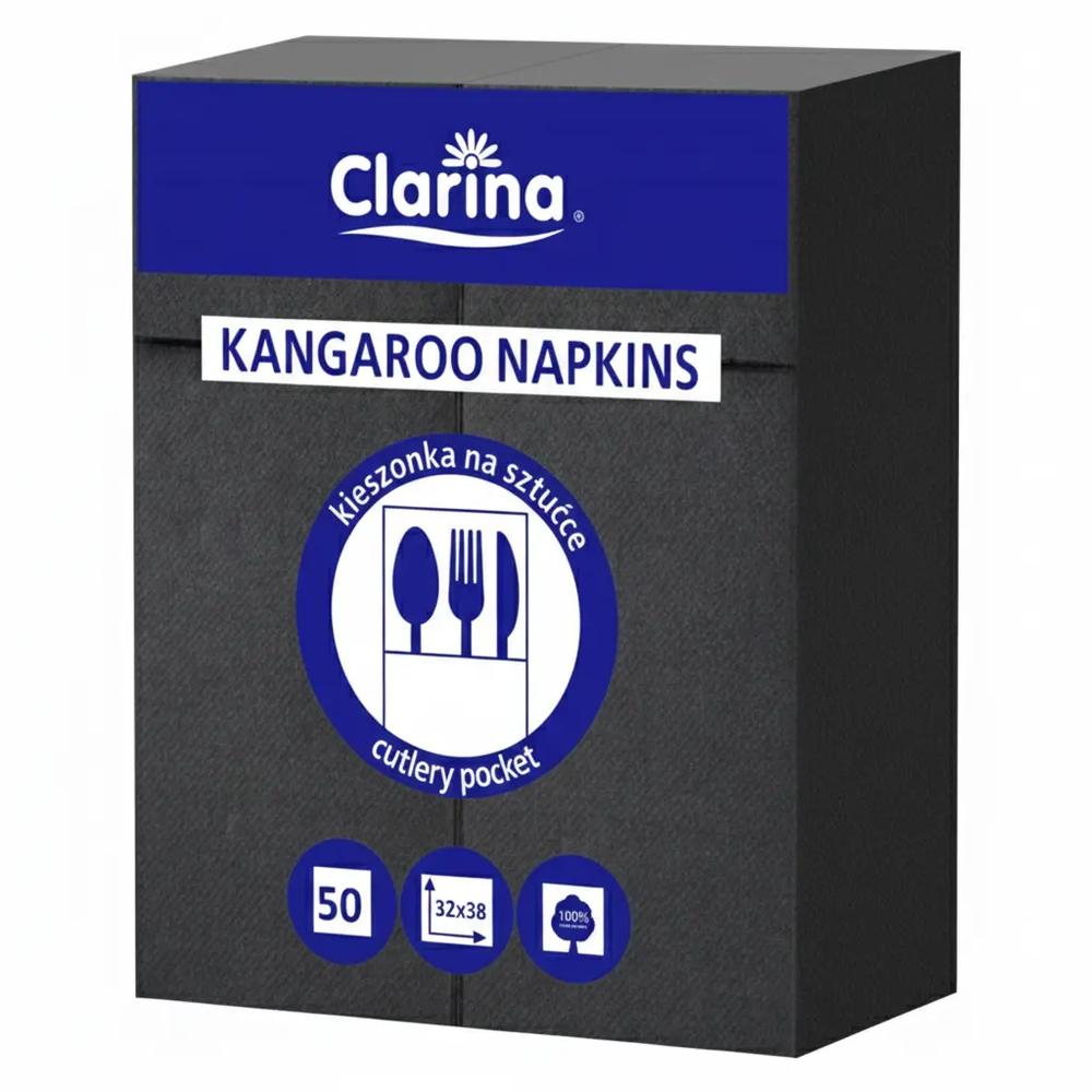Zdjęcie produktu Serwetki Clarina czarne kangurki z kieszonką na sztućce celuloza 32x38cm 50szt.
