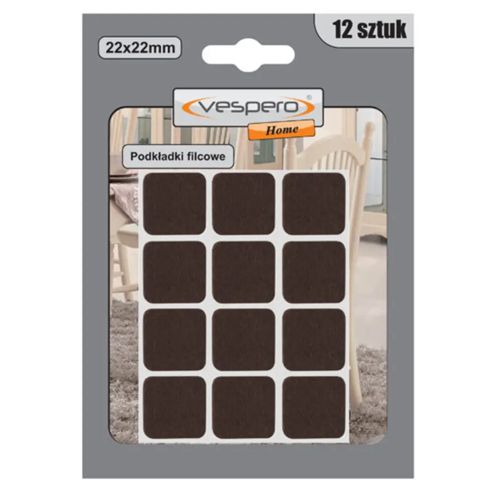 Zdjęcie produktu Podkładki filcowe samoprzylepne kwadratowe 22x22mm brązowe Vespero 12 szt