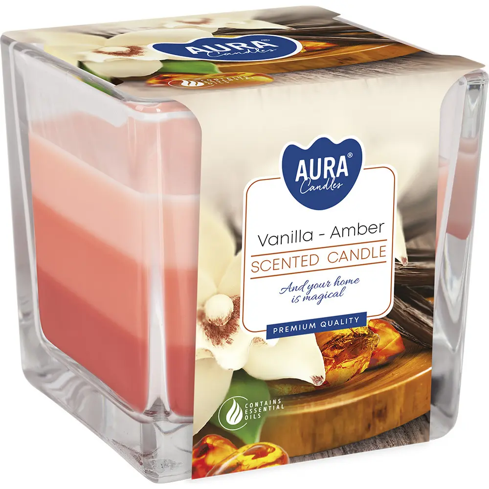 Zdjęcie produktu Świeca zapachowa trójkolorowa w szkle wanilia bursztyn 2 knoty kwadratowa SNK80-355