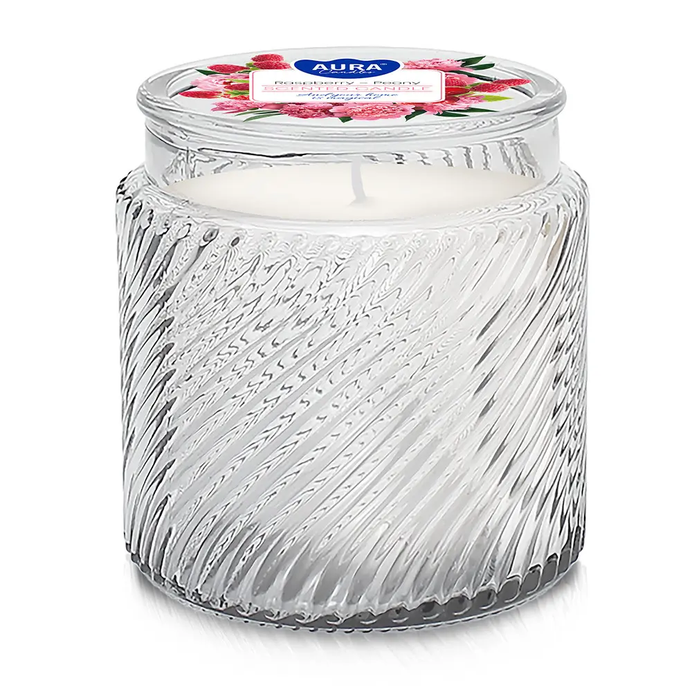 Zdjęcie produktu Świeca zapachowa w prążkowanym szkle malina piwonia czas palenia 40h  AC-001-372