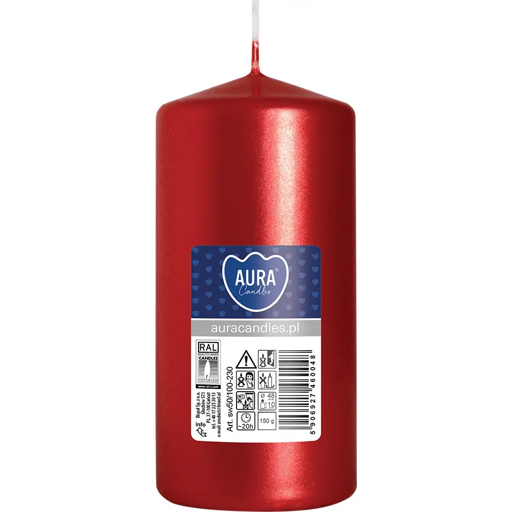 Zdjęcie produktu Świeca walec czerwony metalik dekoracyjna bezzapachowa 10 cm sw50/100-230