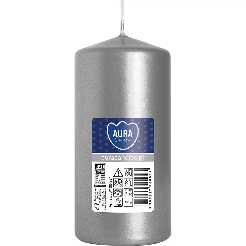 Zdjęcie produktu Świeca walec srebrna metalik ozdobna dekoracyjna 10 cm sw50/100-271