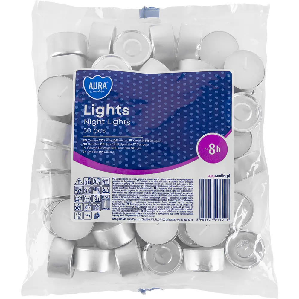 Zdjęcie produktu Podgrzewacze bezzapachowe białe tealighty czas palenia 8h 50 sztuk p30-50