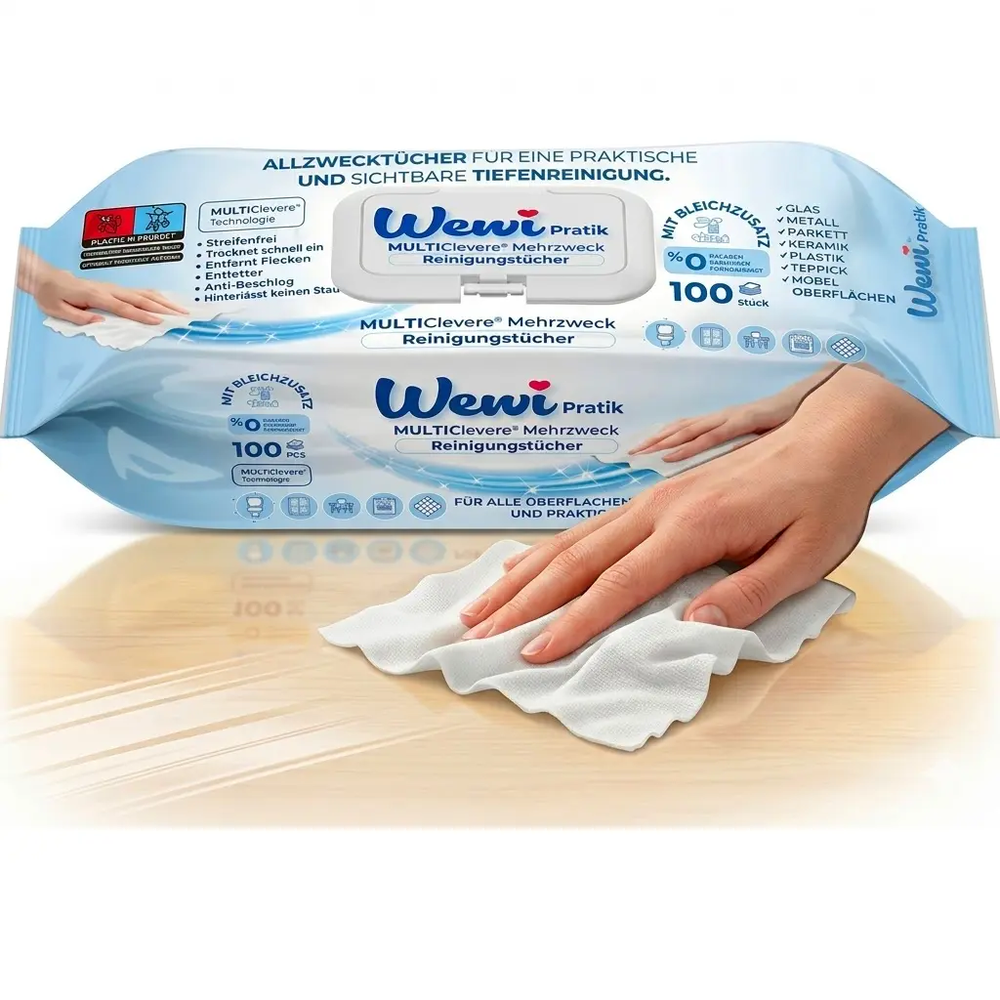 Zdjęcie produktu Ściereczki czyszczące Chusteczki mokre Ręczniki do sprzątania XXL Wewi Pratik z wybielaczem Uniwersalne 100 szt.