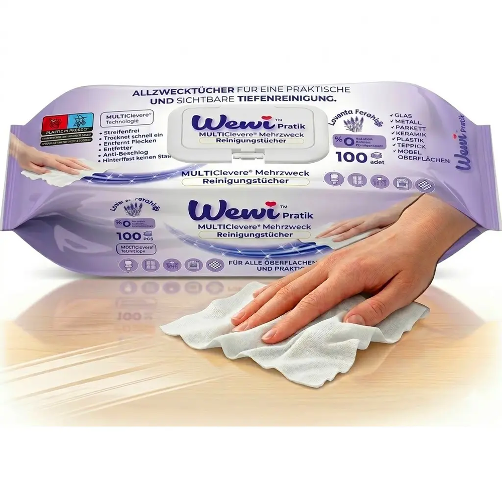 Zdjęcie produktu Ściereczki czyszczące Chusteczki mokre Ręczniki do sprzątania XXL Wewi Pratik Lawenda Uniwersalne 100 szt.